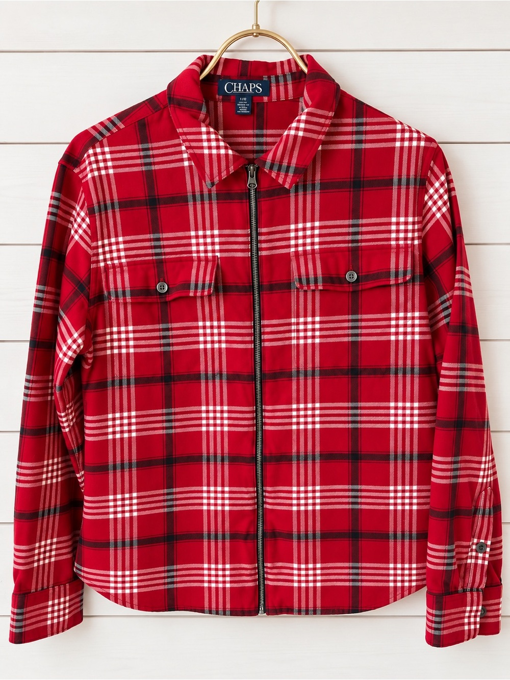 Chaps Ralph Lauren Petite Large 100% Cotton Red Plaid Zip-Up Shirt Jacket - Picture 2 of 9
